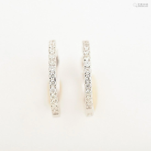 Pair of Diamond, 14k White Gold Hoop Earrings.