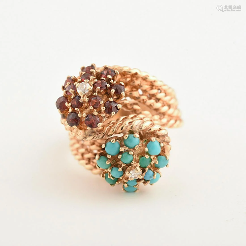 Diamond, Turquoise, Garnet, 14k Yellow Gold Ring.