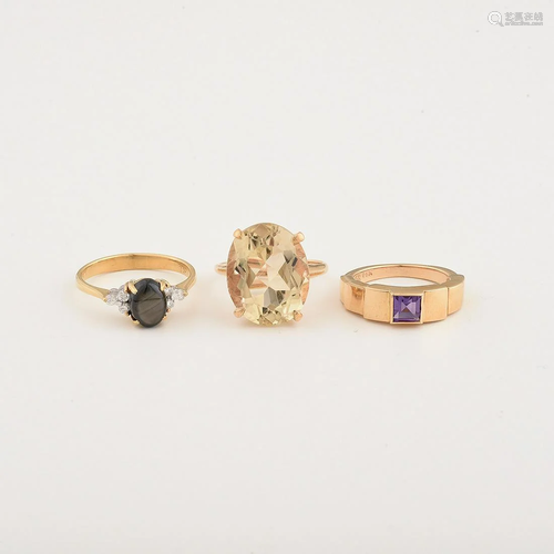 Collection of Three Multi-Stone, Yellow Gold Rings.