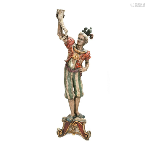 Carved Wood Painted Figural Torchere.