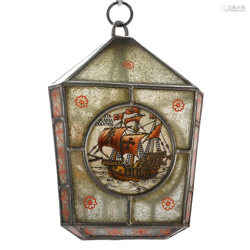 Painted Ship Motif Stained Glass Lantern.