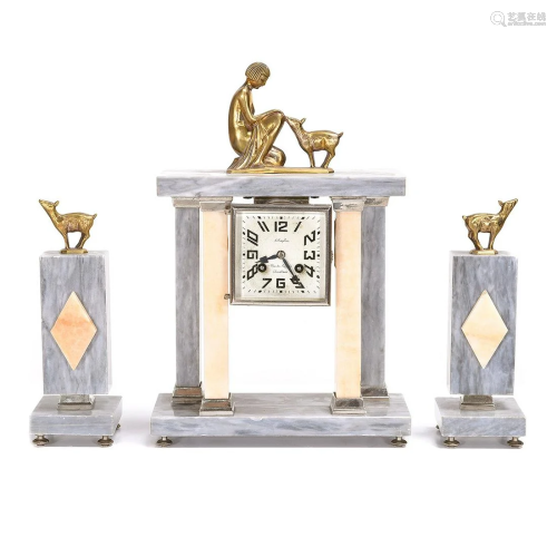 French Art Deco Bronze and Bi-Color Marble Figural