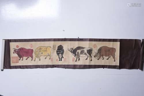 A CHINESE SCROLL PAINTING OF BULLS