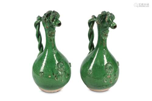 TWO LIGHT GREEN GLAZED CANAKKALE POTTERY EWERS