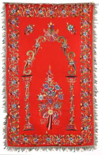 AN OTTOMAN RED GROUND COLORFUL FLORAL EMBROIDERY