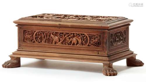 A DEEPLY CARVED SANDALWOOD CHEST WITH HUNTING SCEN…