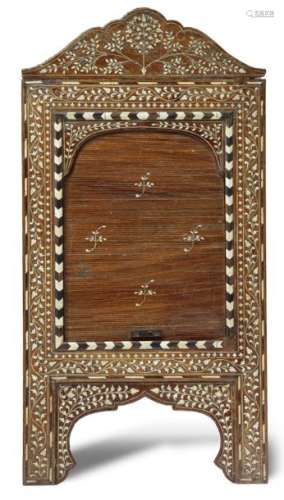 A WOODEN IVORY INLAID MIRROR WITH SHUTTER