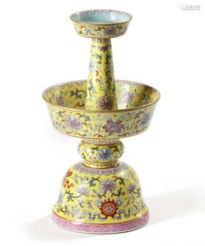 A CHINESE YELLOW GROUND FAMILLE ROSE CANDLE STICK …
