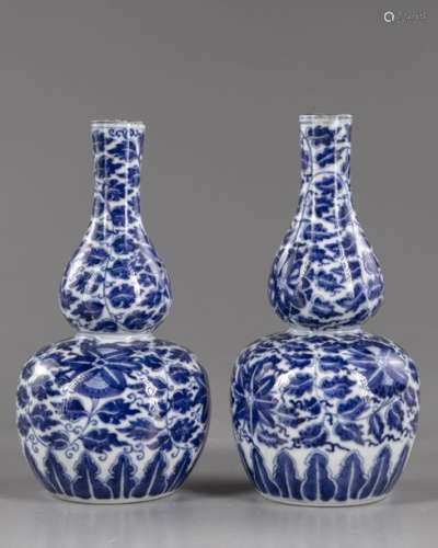 TWO CHINESE BLUE AND WHITE DOUBLE GOURD VASES