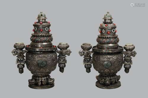 pair of Chinese Mongolian silver cover censers