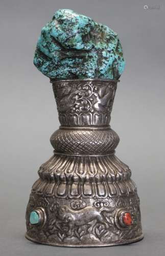 Chinese Tibetan silver and turquoise object