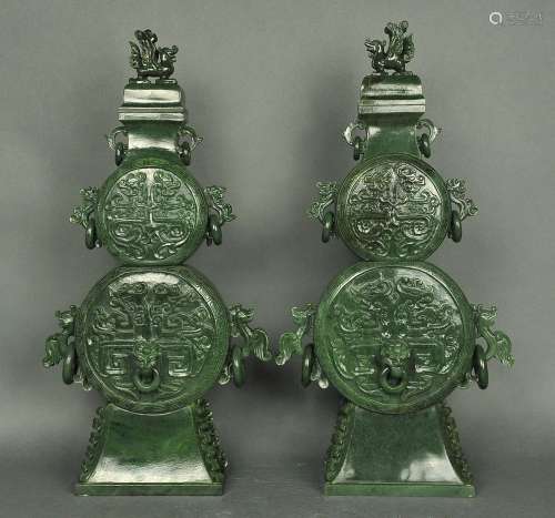 pair of carved Chinese spinach jade cover vases