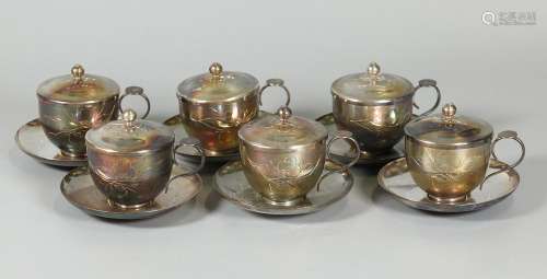 set of 6 Chinese silver tea cups w/ lids & saucers