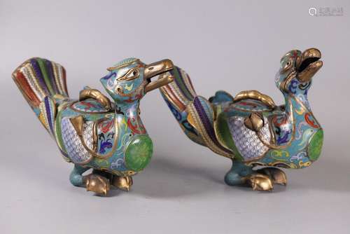 pair of Chinese cloisonne duck form censers