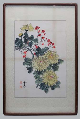 Chinese watercolor painting w/ floral motif