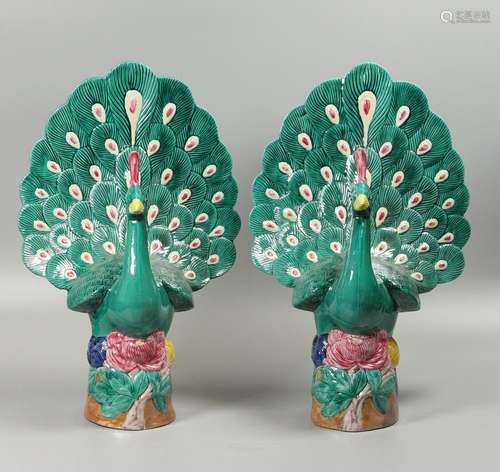 pair of Chinese multicolor porcelain peacocks