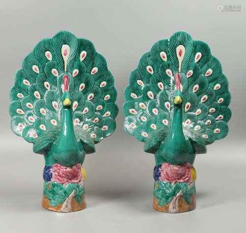pair of Chinese multicolor porcelain peacocks