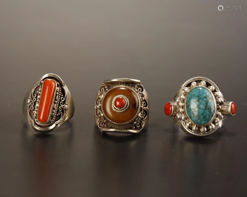 Three Pieces Rings : Turquoise, Coral, Amber