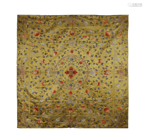 Qing Dynasty, Yellow- Ground Embroidered Table Cloth