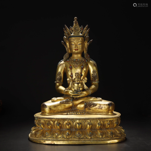 Gilt Bronze Inlaid Turquoise and Coral Buddha