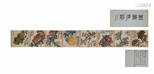 Wu Changshuo, Flowers Painting, Long Scroll in Paper