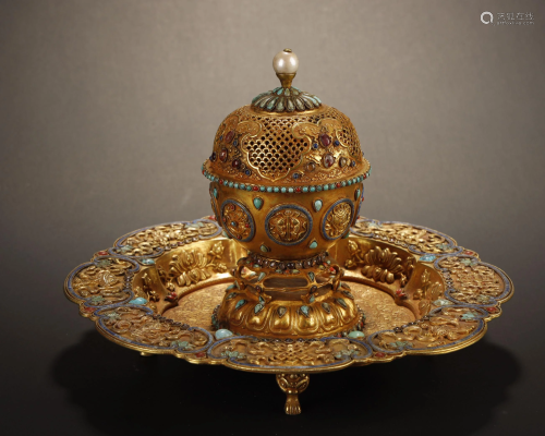 Liao and Jin Dynasty, Gilt Silver Inlaid Turquoise