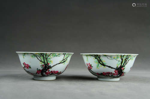 A Pair of Chinese Famille Rose Floral Porcelain Bowls