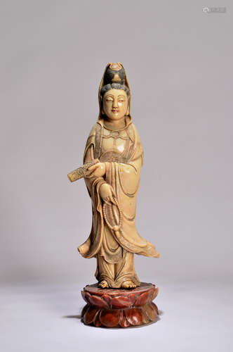 A Chinese Shoushan Stone Guanyin with a Pedestal 