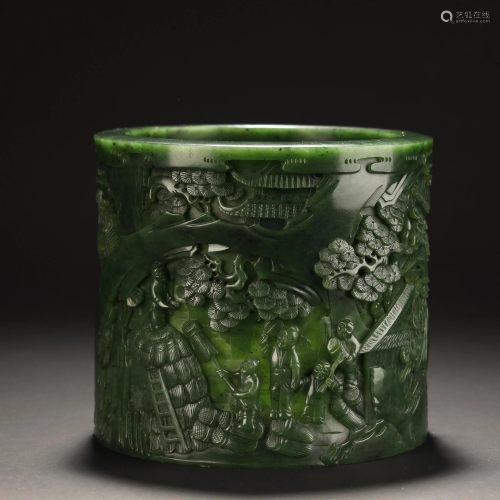 Qing Dynasty, Hetian Spinach Jade Penholder