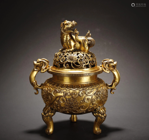 Qing Dynasty, Gilt Bronze Tripod Incense Burner