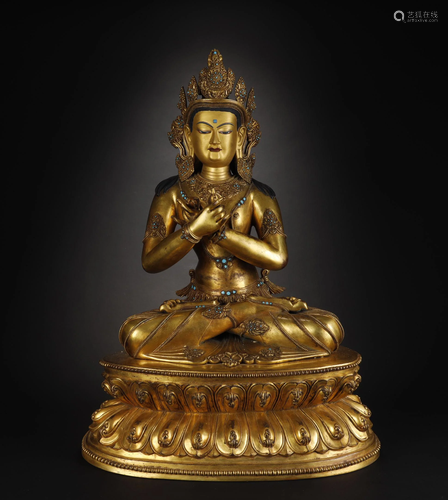 Qing Dynasty, Gilt Bronze Inlaid Turquoise Buddha