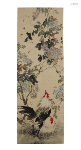 Wang Xuetao, Flower and Roosters Painting in Paper