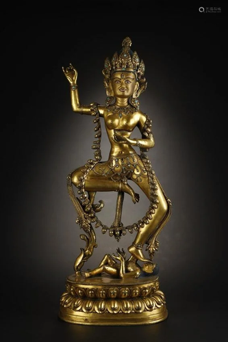 Qing Dynasty, Gilt Bronze Inlaid Torquoise Buddha