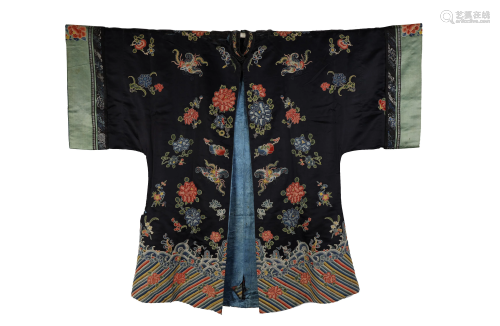 Qing Dynasty, Black-Ground Embroidered Flower R…