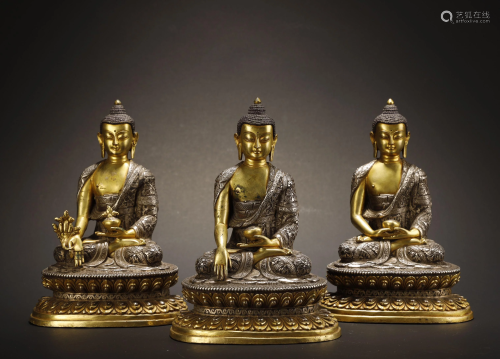 Three Pieces of Gilt Bronze and Silver Buddha