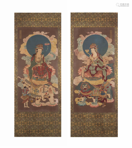 Pair of Thangka in Silk with Mark