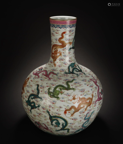 Famille Rose with Dragon Pattern Tianqiu Vase