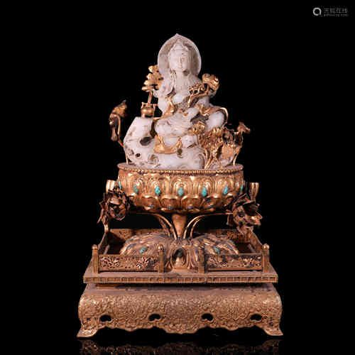 A Jade Guanyin with a Bronze Gilding Pedestal