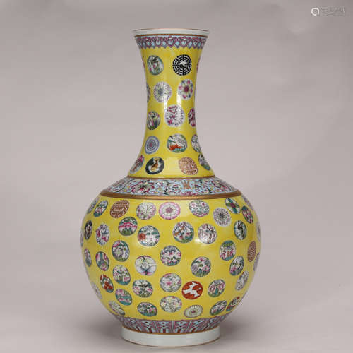 A Chinese Yellow Ground Famille Rose Porcelain Vase