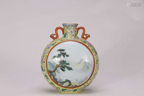 A Chinese Yellow Ground Famille Rose Porcelain Flask