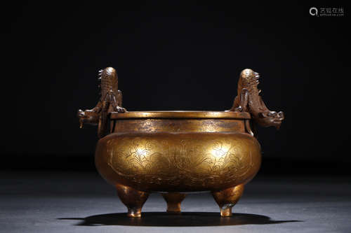 A Chinese Bronze Gilding Three-legged Censer 