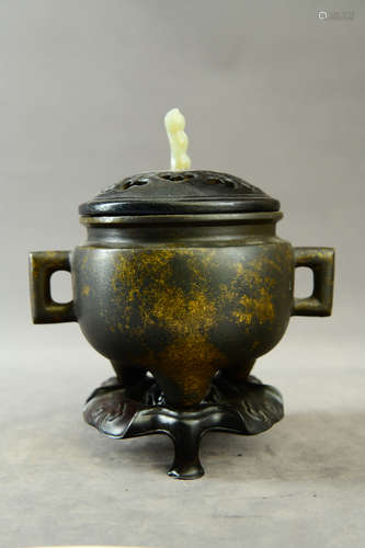 A Chinese Bronze Square-eared Incense Burner 