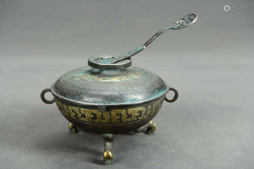 A Chinese Bronze Gilding Three-legged Incense Burner 