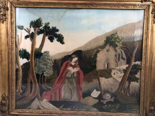 Aimée PEYRAUD, 1822. Dévotion. Broderie sur soie. Tache d