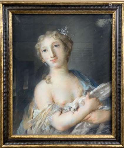 C. DARGENT. Portrait de dame à la colombe. Pastel sur papier marouflé sur toile. [...]