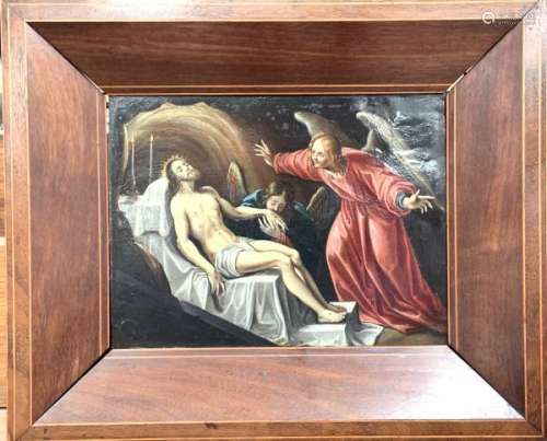 Ecole flamande vers 1600. Le Christ déploré par deux anges. Cuivre. 17 x 21,8 cm. [...]
