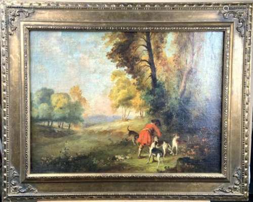 Ecole anglaise du XVIIIe siècle. Chasseur et ses chiens dans un paysage. Toile. [...]