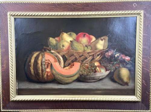 Ecole française du XIXe. Nature morte aux fruits et légumes. Deux huiles sur toile [...]