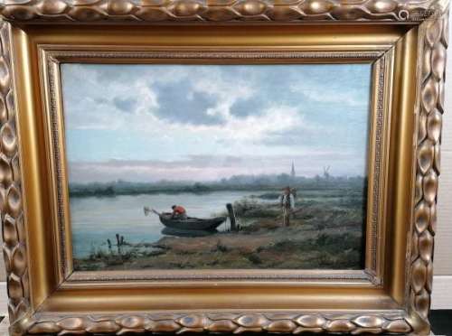 Frans Van KUYCK (1852-1915). Pêcheurs au bord d'une rivière. Toile. Signée en bas [...]