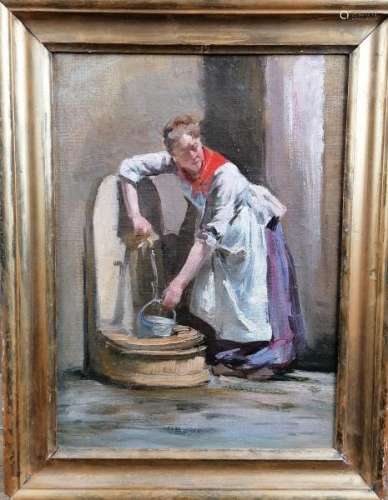 Ecole française du XIXe siècle. Femme à la fontaine. Huile sur toile. 33 x 24 cm. [...]